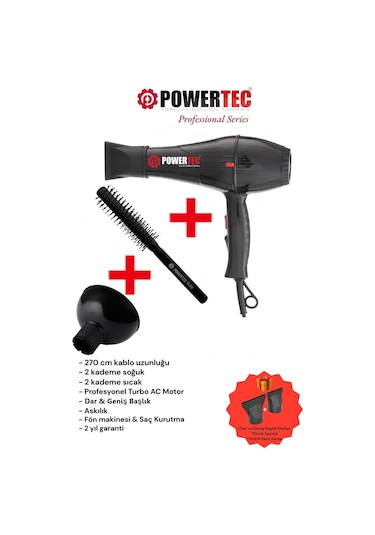 Powertec TR-701 Profesyonel Fön Makinesi + Vigo Difüzör Başlık + Profesyonel Fön Fırçası