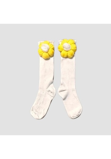 Uretti - Gülnur 2184 - El Örgüsü Çiçek Motifli Çoraplı Kız Çocuk Hırka 3 Yaş - Beyaz Beyaz