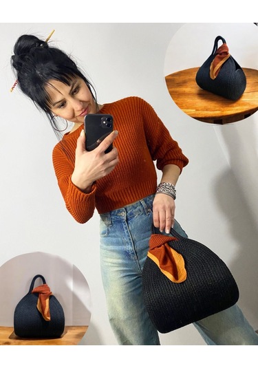 Hasır Çanta, Silindir Çanta, Tasarım Çanta, Düz Siyah El Çantası Siyah