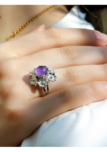 Esha Store Doğal Taş Ametist Doğal Taşlı Çiçek Model Telkari Kadın Ayarlanabilir Gümüş Kaplama Yüzük Euy61amtr MOR