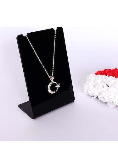 925 Ayar Gümüş Rodyumlu Bayrak Ay Yıldız Tasarım Kadın Kolye