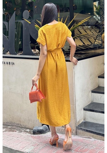 Hardal V Yaka, Kısa Kol, Airobin Kumaş, Omuz Detaylı, Kemerli/kuşaklı, Önden Yırtmaçlı Maxi Elbise Hardal