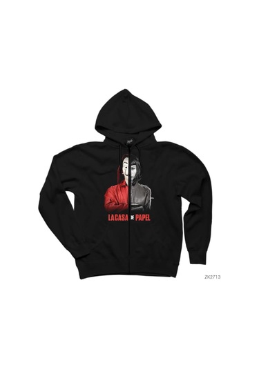 La Casa De Papel Half Tokio Siyah Fermuarlı Kapşonlu Sweatshirt Siyah