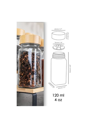 24'lü Bambu Kapaklı Cam Baharatlık Seti - Etiketli Tuzluk Biberlik Köşeli Baharat Takımı 120 Ml ŞEffaf