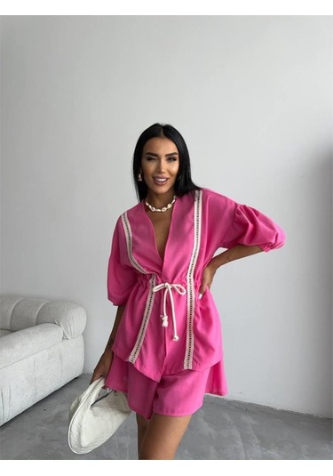 Sensuelle Keten Bel Büzgülü Bluz-pantolon Takım - Fuşya Fuşya