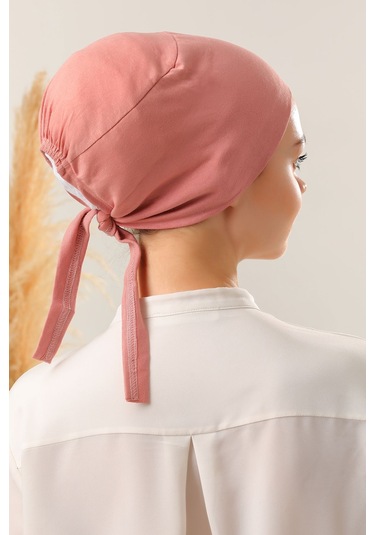 Kadın Tesettür Dikişli Set Bone Pudra 3 Adet Bağlamalı Penye Bone Pudra