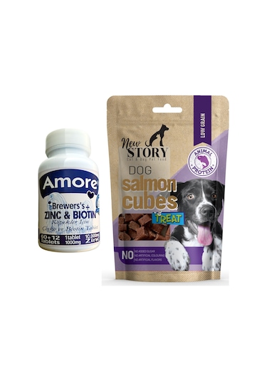 Amore Çinko Biyotin Köpek Tüy Dökümü Tablet Salmon Cubes Ödül 72'li