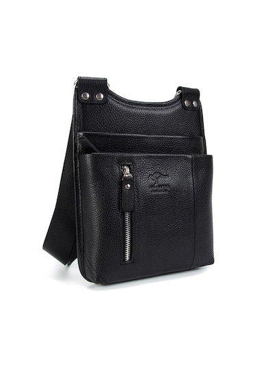 Erkek Siyah Hakiki Deri Postacı Askılı Omuz Çanta Kangaroo 8701S