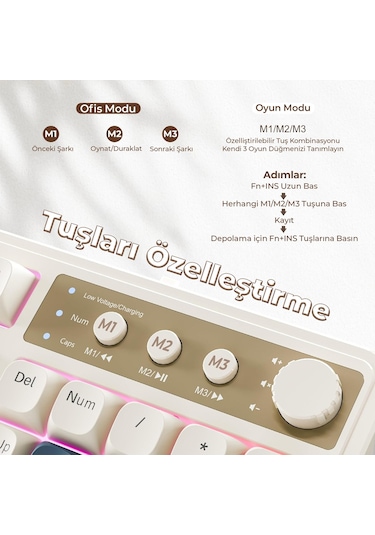 Aula S99 Retro Rgb Gaming 3 Modlu Bluetooth/2.4ghz/usb-c Kablosuz Makrolu Türkçe Q Klavye Turuncu