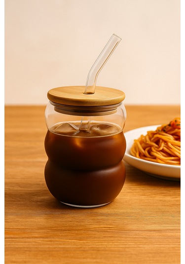 600 Ml Borosilikat Cam Bardak Bambu Kapaklı, Bubble Form, Isıya Dayanıklı Şeffaf Tasarım Cam - Şeffaf