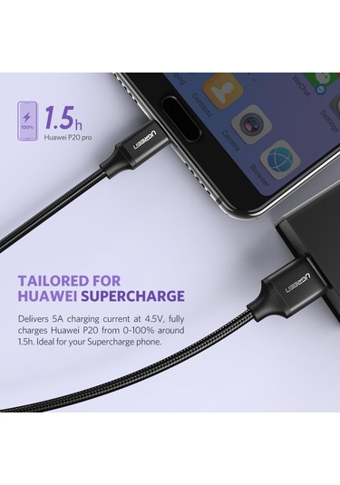 Ugreen 50567 Usb C Şarj Kablosu 5a Hızlı Şarj Örgütlü Kablo Veri Keli Huawei Supercharge