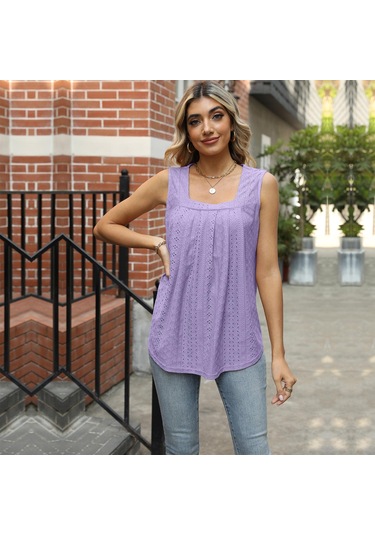 Mor Gmxıa Kadın Modası Günlük Düz Renk Baskı Kolsuz Kare Yaka Bluzlar Ve Gömlekler