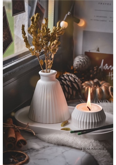 Beyaz Renk 3 Parça Tealight Vazo Tepsi Seti 001