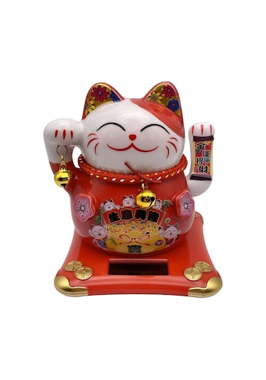 Seramik Maneki Neko Kırmızı Güneş Enerjili Şans Kedisi 12cm No.1