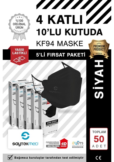 Kf94 Kore Tipi, 4 Katlı, Siyah Maske, Uv Steril 5 Kutu/ 50 Adet