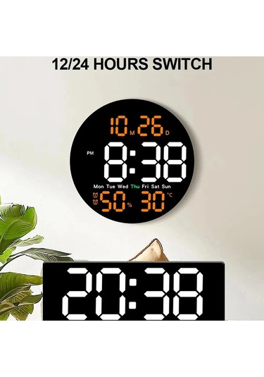 Zilinn Çift Alarmlı Uzaktan Kumandalı Led Duvar Saati, Ev Dekorasyonu İçin Takvim Ve Sıcaklık Göstergesi Parlaklık Ayarlanabilir Turuncu-84 Çok Renki