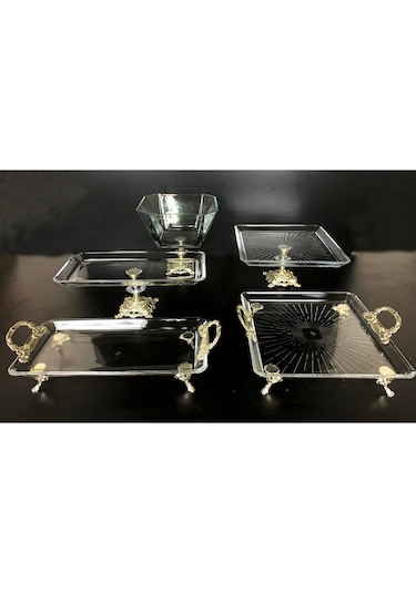 Elta Collection 5 Parça Gümüş Döküm Ayaklı Sunumluk Set Pasta Kurabiye Tatlı Servis Tabağı Gümüş
