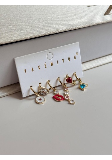 Renkli Figürlü 6 Lı Altın Renk Charm Küpe Seti Kalp, Dudak Ve Göz Detaylı Altın