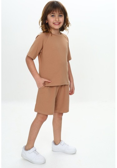 Toontoy Kız Çocuk Göğsü Yazı Baskılı Şortlu Takım Kahve