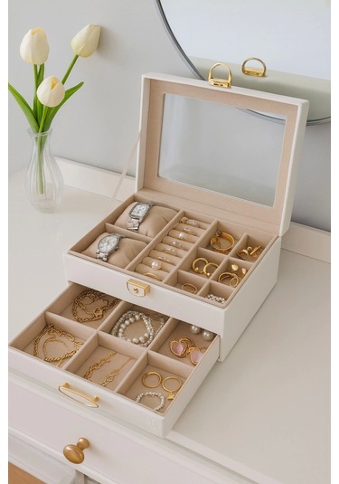 Dışı Deri İçi Kadife Kilitli Çekmeceli Takı Bijuteri Mücevher Kutusu Organizer Düzenleyici Beyaz İth