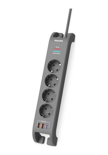 Philips Spn4140ga Akım Korumalı Priz 4'lü + 2x Usb-a 18w + 1x Usb-c 20w - 2m Kablo - Siyah 2 m