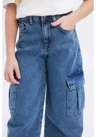 DeFacto Kız Çocuk Wide Leg Kargo Geniş Bol Paça Pamuklu Jean Pantolon D7091A825SMNM28 Mavi