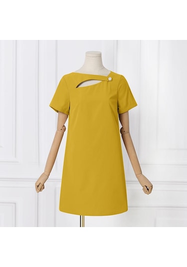Sarı Vonda Bayan Yaz Yuvarlak Yaka Kısa Kollu Yırtmaçlı İnci Düğme Düz Tek Renk Kısa Elbiseler
