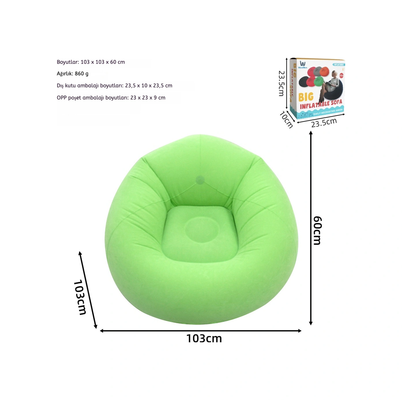 Snapbuy Kadife Kaplamalı Tek Kişilik Şişme Koltuk Yeşil