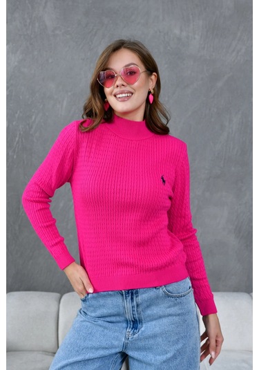 Kadın Dik Yaka Saç Örgü Nakış Detaylı Triko Kazak Fuşya