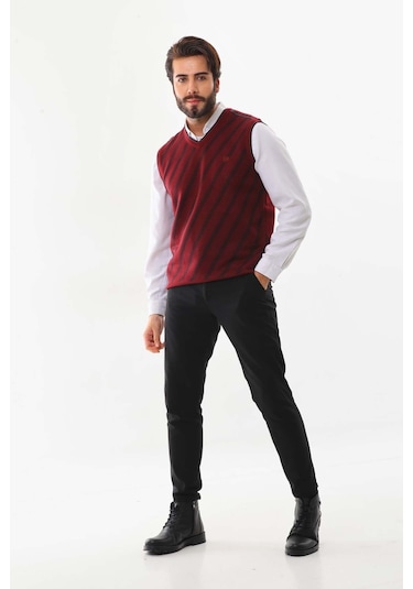 Pelikan Erkek Çizgili V Yaka Süveter 9625 Kiremit