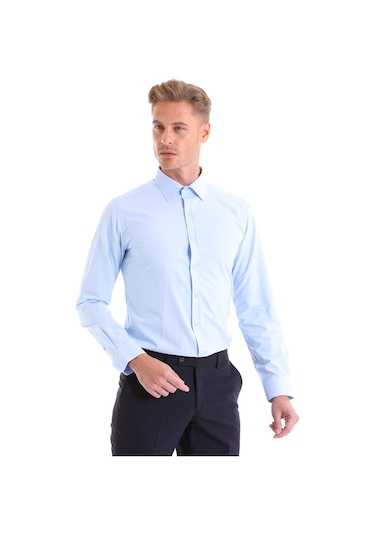 Hatemoğlu Slim Fit Pamuklu Uzun Kollu Erkek Gömlek Açık Mavi