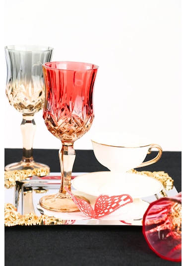 Çift Renk Organik Boya 6'lı Kristal Ayaklı Kahve Yanı Su Bardağı