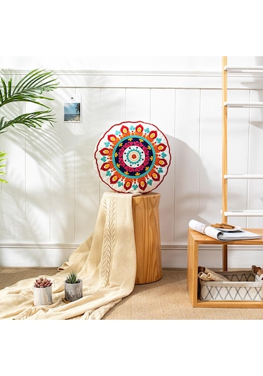 Suntek Yuvarlak Yer Yastık Minderi İşlemeli Bohem Patchwork