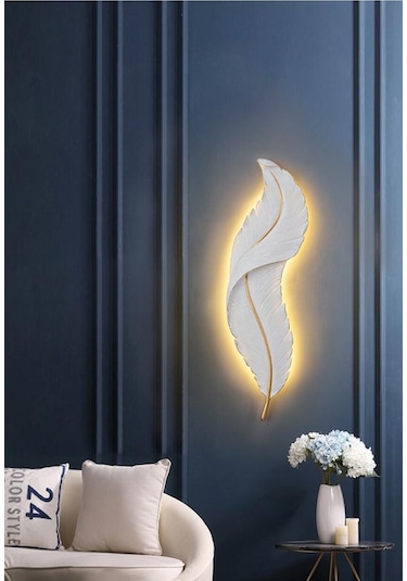 CajuArt Büyük Boy Dekoratif Tüy Şekilli Pilli Işıklı Duvar Dekoru Modern Aplik
