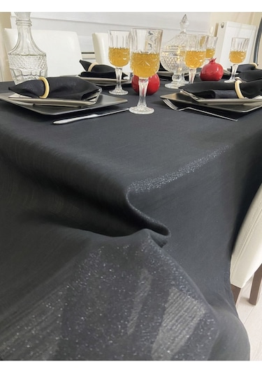 Keten Görünümlü Simli Begonvil Masa Örtüsü Siyah 25 Parça