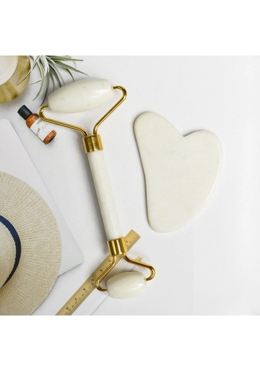 Dm Doğal Yeşim Çift Kafa Masaj Silindiri + Guaşa Tahta Yüz Zayıflama & Yaşlanma Karşıtı Bakım Seti - Stil B Altın Altın