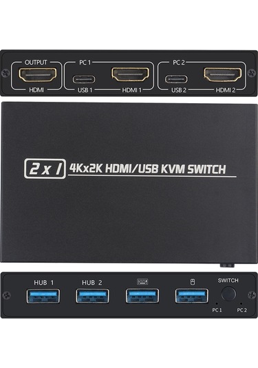 Springsun 2 Giriş 1 Çıkış Hdmı/usb Kvm Anahtarı - 2 Bilgisayar İçin Monitör/ Klavye-fare Ortak Kullanımı - 4kx2k 30hz Hd Kalite - Siyah