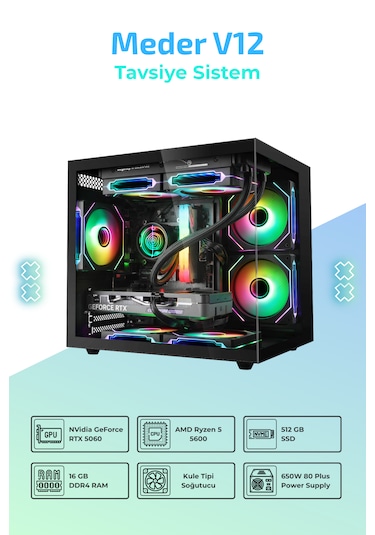 IH Meder V12 R5-5600 16 GB 512 GB SSD 8 GB RTX5060 FreeDos Masaüstü Oyuncu Bilgisayarı