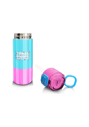 Coral High Kids Renkli Çizgili Desenli Pipetli Ve Direkt İçim Çelik Termos 500 Ml 31987 Pembe - Mavi