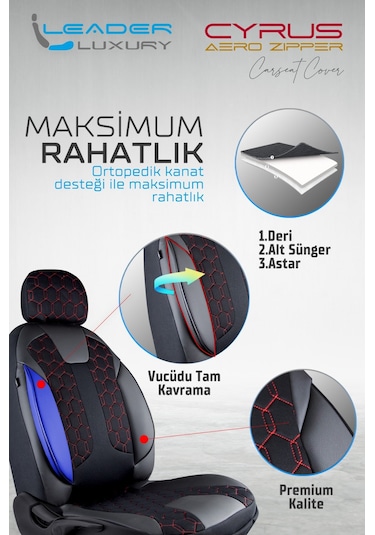 Kia Sportage Uyumlu Deri Detaylı Oto Koltuk Kılıfı Ön Arka Takım Cyrus Siyah Kırmızı