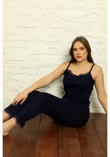 Sabahlıklı Dantel Detaylı Pegasus Kadın Pijama Takımı-çeyizlik Takım- Geniş Beden Aralığı Lacivert