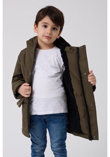Erkek Çocuk Kürklü Su Ve Rüzgar Geçirmez Kapüşonlu 3 Kışlık Mont & Kaban & Parka Haki