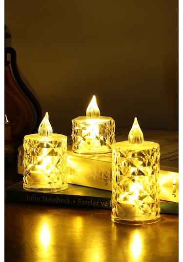 3 Lü Elmas Kristal Desenli Led Mum Seti Pilli Dumansız Alevli Dekoratif Yapay Mum Sarı