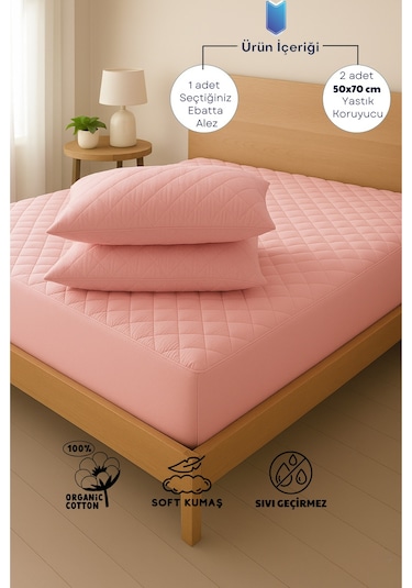 %100 Pamuk Set Renkli Alez Kapitone Sıvı Geçirmez Set - Pembe