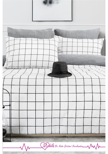 Battal Boy Lüks Pamuklu Nevresim Seti Beyaz Kare Desen Çok Renkli