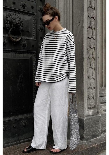 Beyaz Çizgili Sweatshirt Mg2572 Beyaz