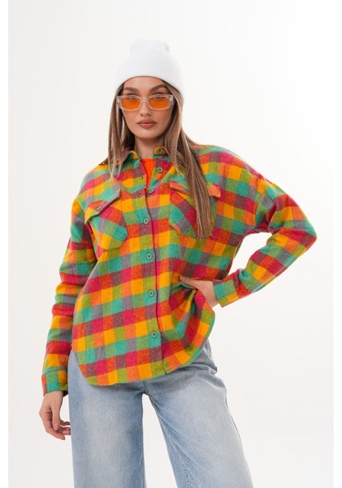 Kadın Desen Bloklu Oduncu Oversize Bol Ve Geniş Kalıp Casual Cepli Yakalı Ceket Gömlek Sarı