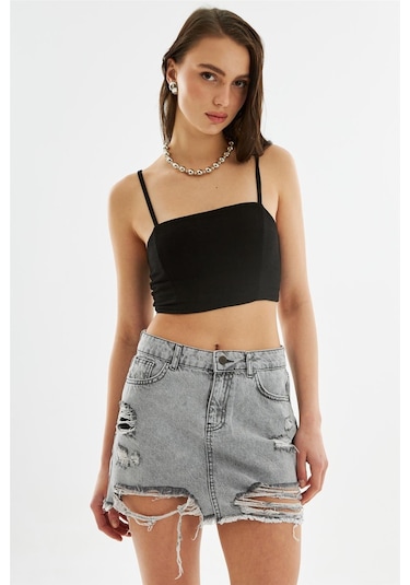 Explode Kadın Yırtık Detaylı Mini Kot Etek Antrasit