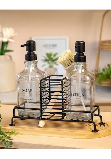 Qerhome Metal Standlı 2 Li Cam Sabunluk Seti İkili Sabunluk Set Standlı Sabunluk Siyah Siyah