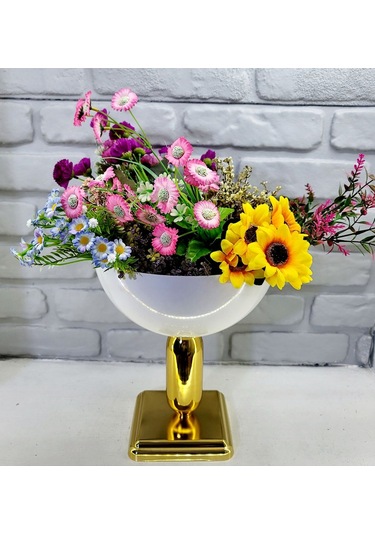 Modern Kare Gold Ayaklı Beyaz Büyük Küre Salon Vazo Masa Dekor Beyaz - Gold